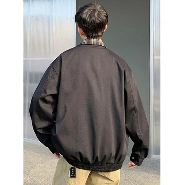 徐百货  美式潮牌假两件拼接格纹衬领设计感夹克春秋季宽松百搭防风工装飞行员机车教练外套上衣棒球服 男女同款