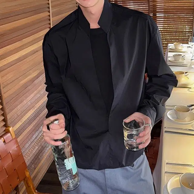 徐百货 美式复古假两件纯色痞帅长袖潮牌薄款设计感小众潮流宽松高街百搭衬衫 男女同款