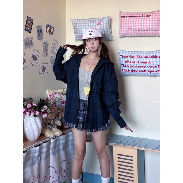 徐百货 美式磨毛格子长袖衬衣设计感潮牌痞帅连帽衫宽松舒适潮流百搭衬衫 男女同款