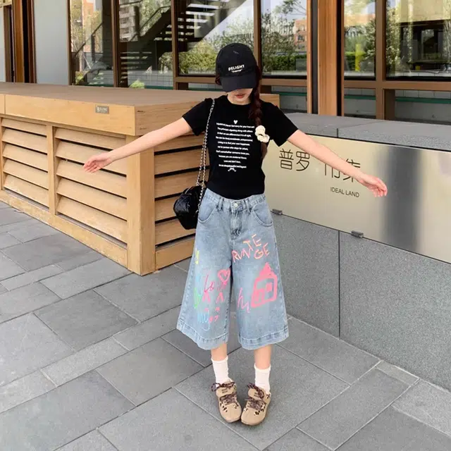徐百货 美式复古卡通印花七分裤春夏宽松显瘦高腰辣妹阔腿裤牛仔短裤 男女同款