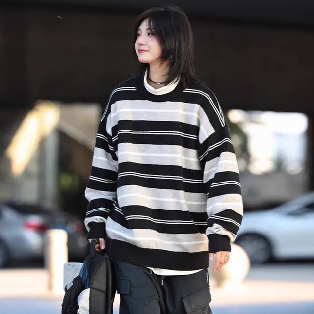 徐百货 美式复古慵懒条纹套头痞帅潮牌简约休闲毛衣 男女同款