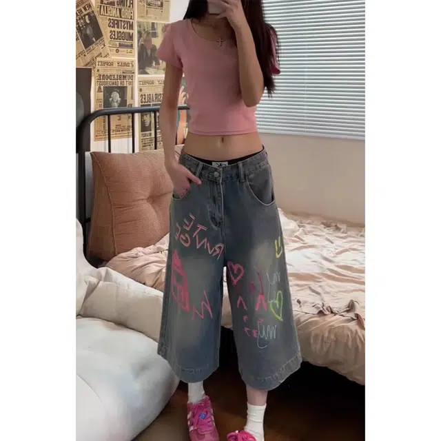 徐百货 大码复古高级感涂鸦设计七分裤夏季高街小众宽松裤潮流百搭牛仔短裤 男女同款