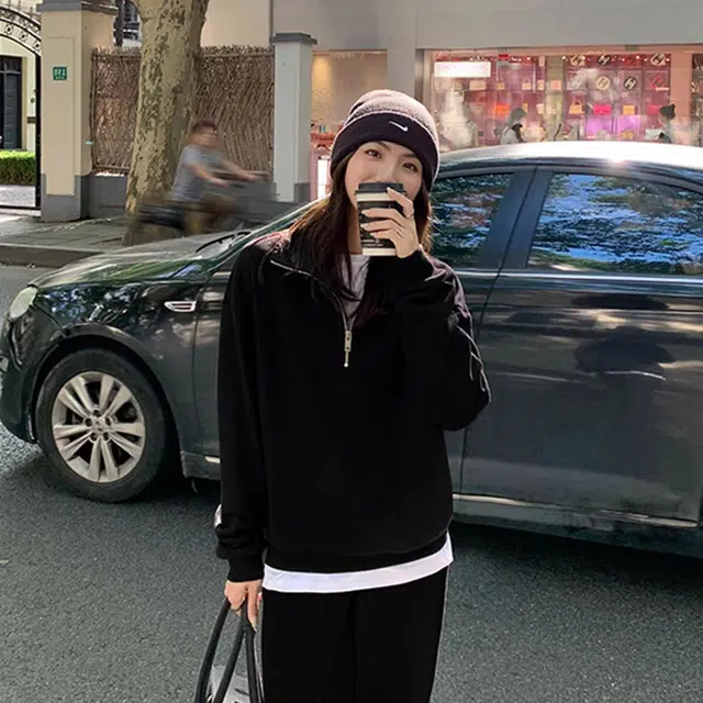 徐百货 重磅半拉链立领纯色套头美式潮牌设计感上衣卫衣 男女同款