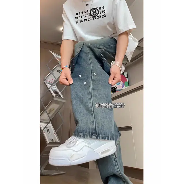 徐百货 美式复古排扣阔腿裤夏季宽松潮流高级感裤子直筒修身微喇叭裤牛仔裤 男女同款