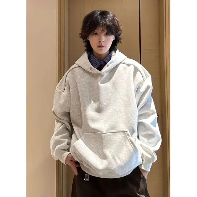 徐百货 美式重磅纯色连帽上衣设计感肩上拉链潮牌长袖宽松舒适潮流百搭卫衣 男女同款