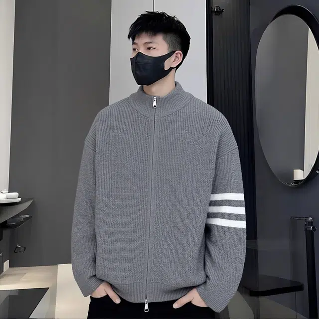 徐百货 美式复古双拉链立领开衫外套慵懒高级感轻熟风宽松三条杠上衣潮流百搭舒适卫衣 男女同款