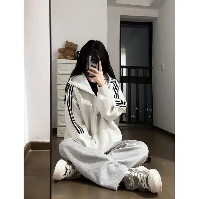 徐百货 美式潮牌高街三条杠连帽小众复古慵懒风情侣开衫卫衣 男女同款