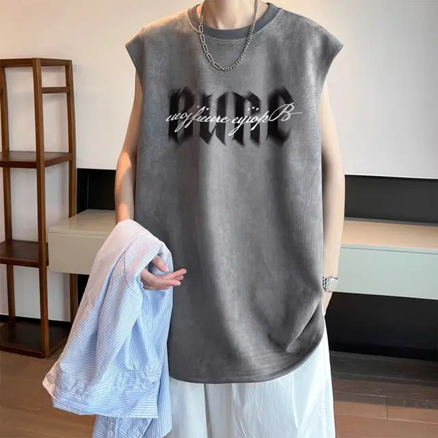 徐百货 美式重磅麂皮绒坎肩夏季潮流潮牌痞帅上衣服宽松大码无袖背心 男女同款