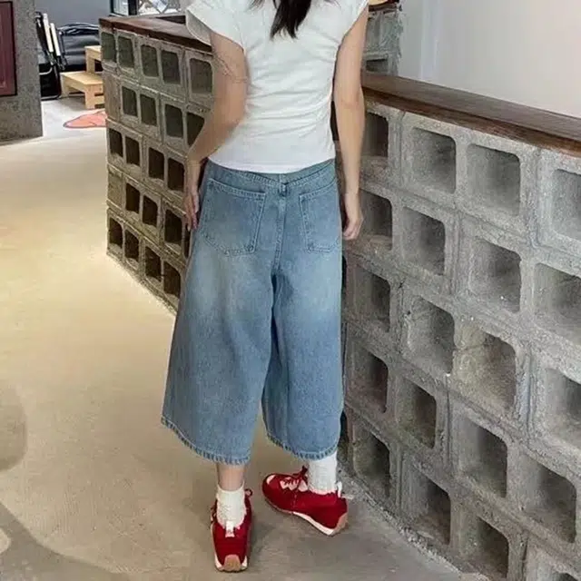 徐百货 大码复古高级感涂鸦设计七分裤夏季高街小众宽松裤潮流百搭牛仔短裤 男女同款