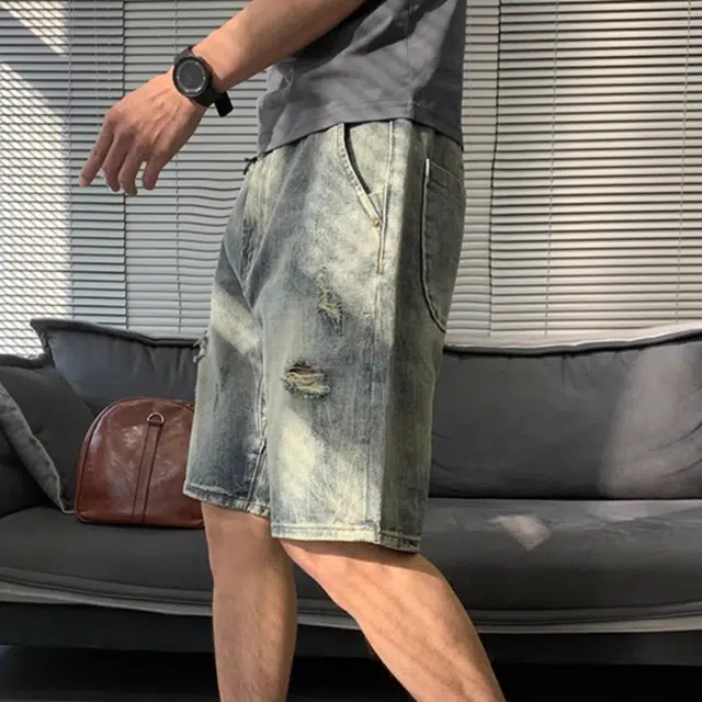 徐百货 高街破洞五分裤美式复古阔腿夏季设计感宽松百搭潮牌痞帅牛仔短裤 男女同款