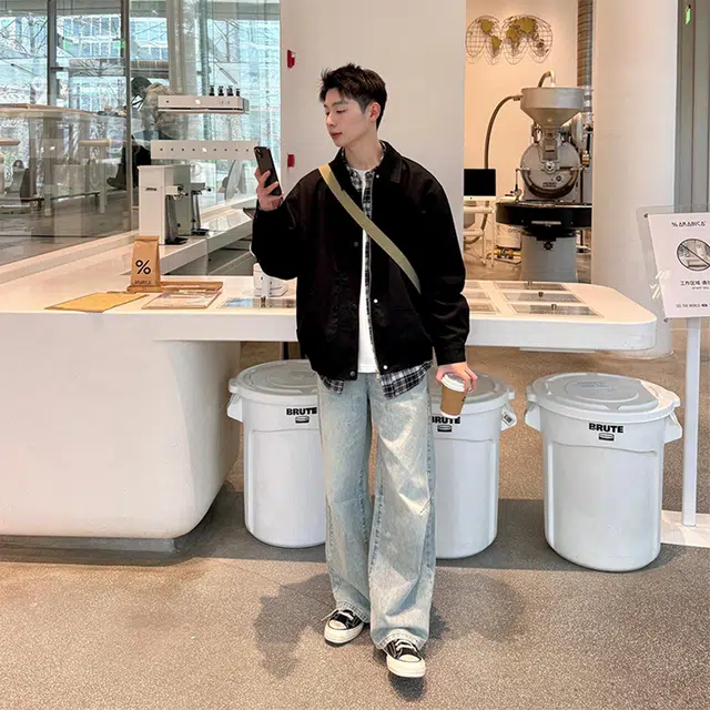 徐百货  美式潮牌经典假两件拼接格纹衬领设计感夹克春秋季宽松百搭防风工装飞行员机车教练外套上衣棒球服 男女同款