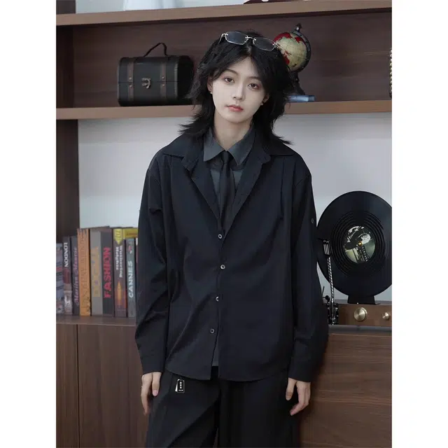 徐百货 美式假两件拼接设计感衬衣黑色高级感痞帅上衣宽松舒适潮流百搭西装 男女同款