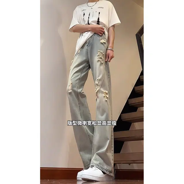 徐百货 美式高街破洞裤痞帅裤子直筒微喇长裤牛仔裤 男女同款