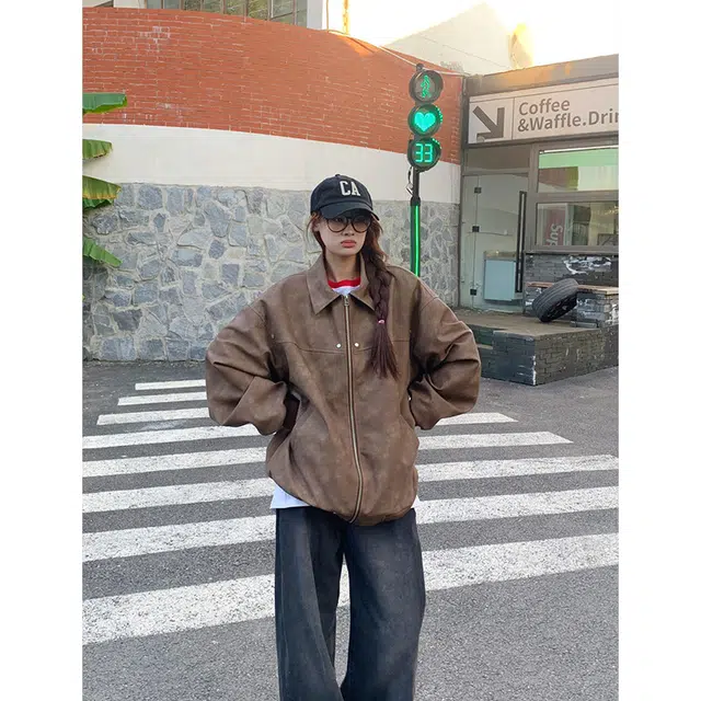 徐百货 美拉德外套春秋季潮牌高级感痞帅美式复古工装百搭机车服皮衣 男女同款