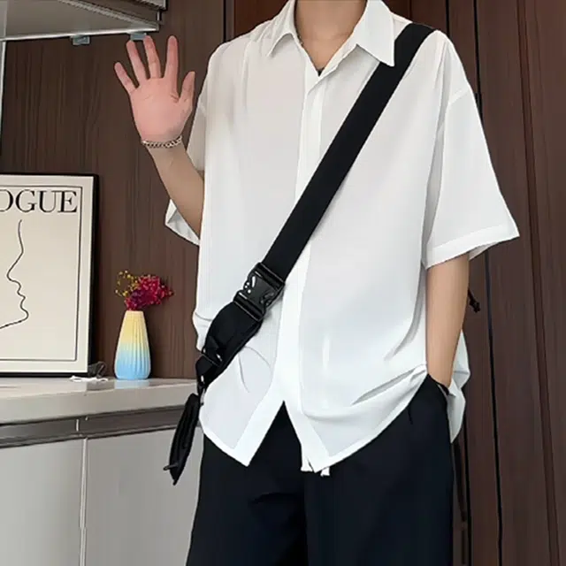 徐百货 冰丝速干透气设计感夏季薄款痞帅高级感垂感帅气慵懒风上衣短袖衬衫 男女同款