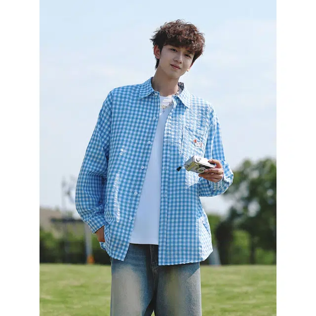 徐百货 美式复古格子长袖高级感痞帅潮牌腊肠狗情侣防晒衬衣宽松舒适潮流百搭衬衫 男女同款