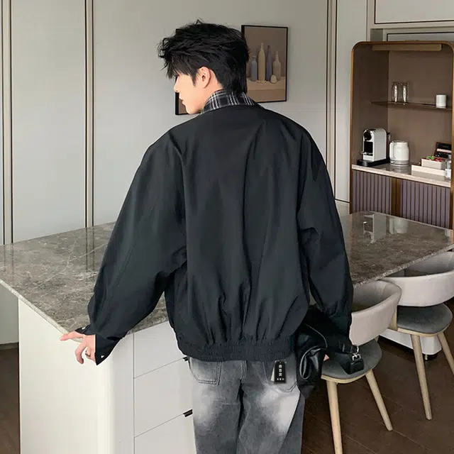 徐百货  美式潮牌经典假两件拼接格纹衬领设计感夹克春秋季宽松百搭防风保暖工装飞行员机车教练外套上衣棒球服 男女同款