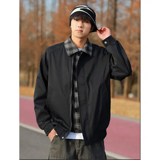 徐百货  美式潮牌经典假两件拼接格纹衬领设计感夹克春秋季宽松百搭防风保暖工装飞行员机车教练外套上衣棒球服 男女同款