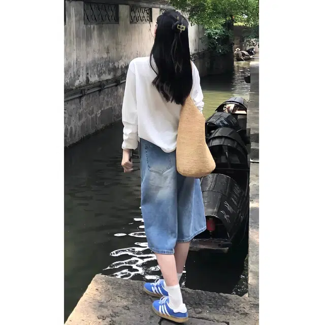 徐百货 美式夏季薄款宽松七分裤直筒百搭中裤潮流牛仔短裤 男女同款