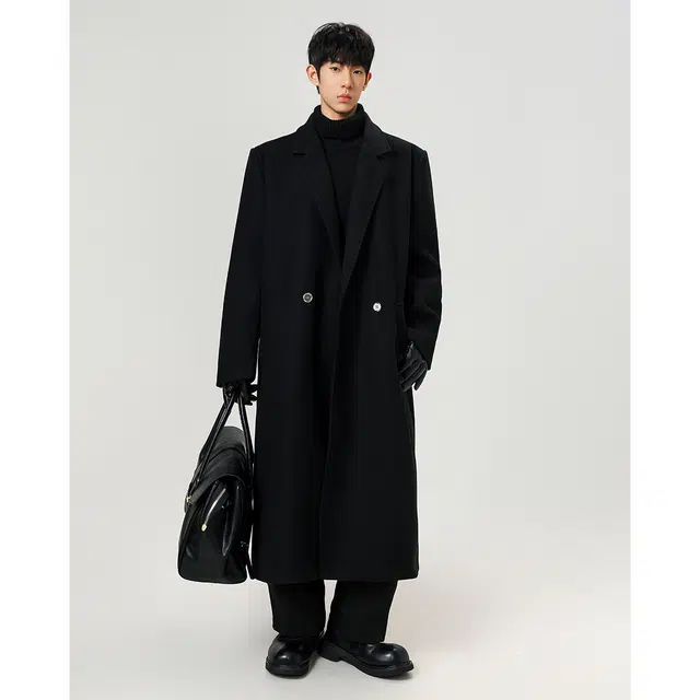 徐百货 秋冬季加厚韩系英伦风中长款毛呢外套潮牌西装领过膝上衣休闲大衣 男女同款