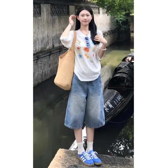 徐百货 美式夏季薄款宽松七分裤直筒百搭中裤潮流牛仔短裤 男女同款