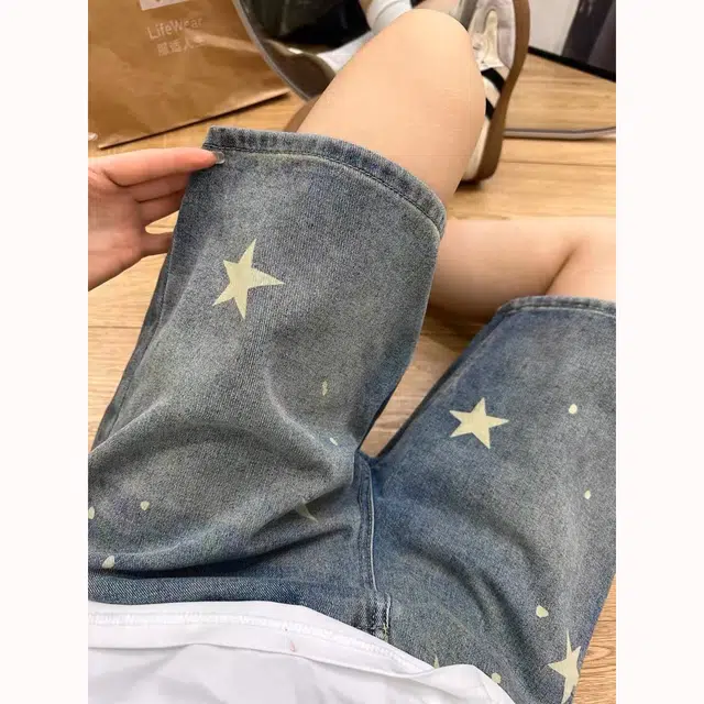 徐百货 复古星星印花五分裤春夏薄款宽松高腰直筒中裤潮流百搭牛仔短裤 男女同款