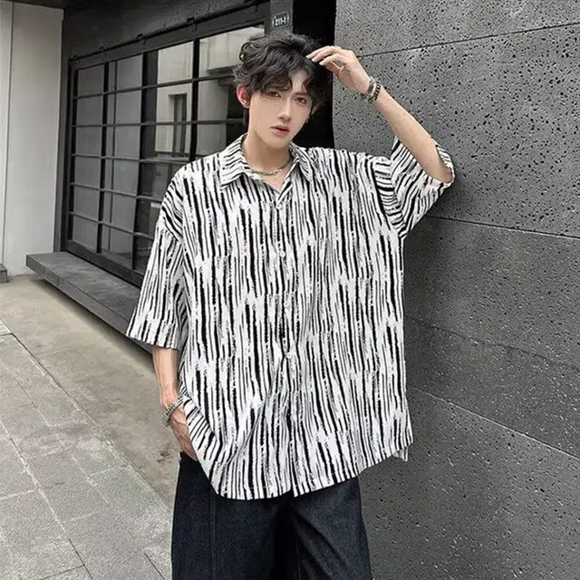 徐百货 美式黑白扎染条纹痞帅垂感宽松百搭休闲短袖衬衫 男女同款