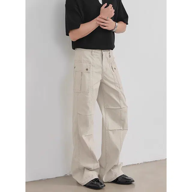 徐百货 美式潮牌水洗做旧褶皱工装高街直筒微喇休闲牛仔裤 男女同款