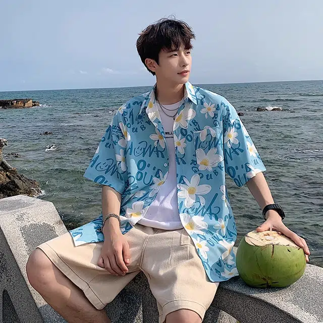 徐百货 薄款透气夏威夷沙滩衬衣痞帅大码宽松外套潮流百搭短袖衬衫 男女同款