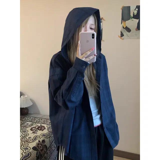 徐百货 高街痞帅格子连帽衬衣慵懒风高级感长袖外套宽松舒适潮流百搭衬衫 男女同款