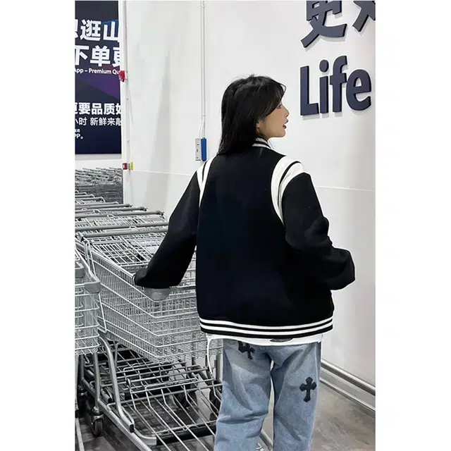 徐百货  条纹设计短款外套春秋季学院风韩系百搭上衣潮牌夹克棒球服 男女同款