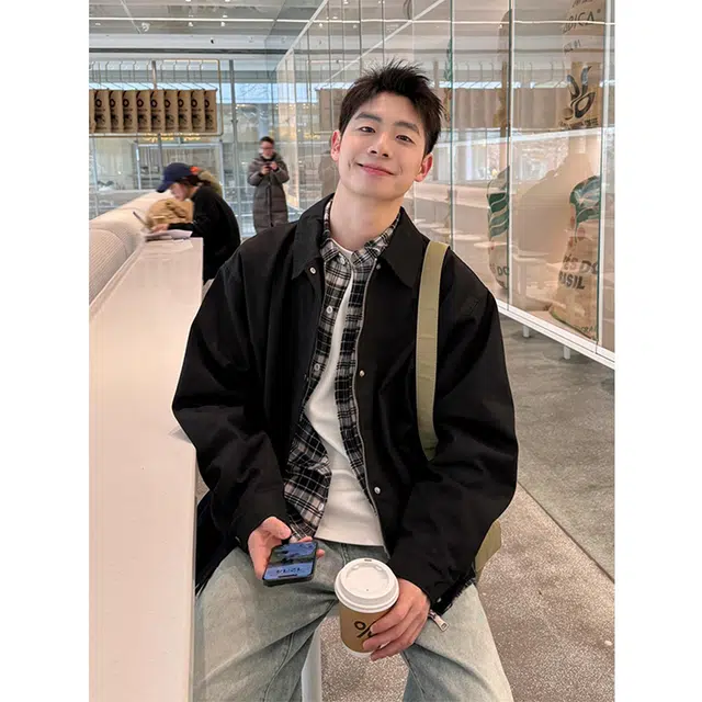 徐百货  美式潮牌经典假两件拼接格纹衬领设计感夹克春秋季宽松百搭防风工装飞行员机车教练外套上衣棒球服 男女同款