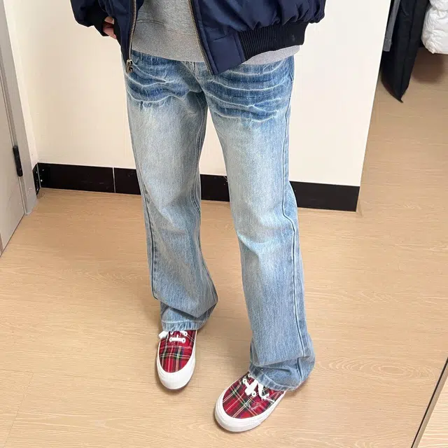 徐百货 美式复古做旧闪电爆裂纹理设计感痞帅直筒夏季微喇长裤高街百搭潮流牛仔裤 男女同款
