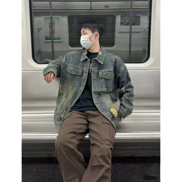 徐百货 高街痞帅春秋美式水洗做旧飞行员夹克复古潮牌牛仔外套 男女同款