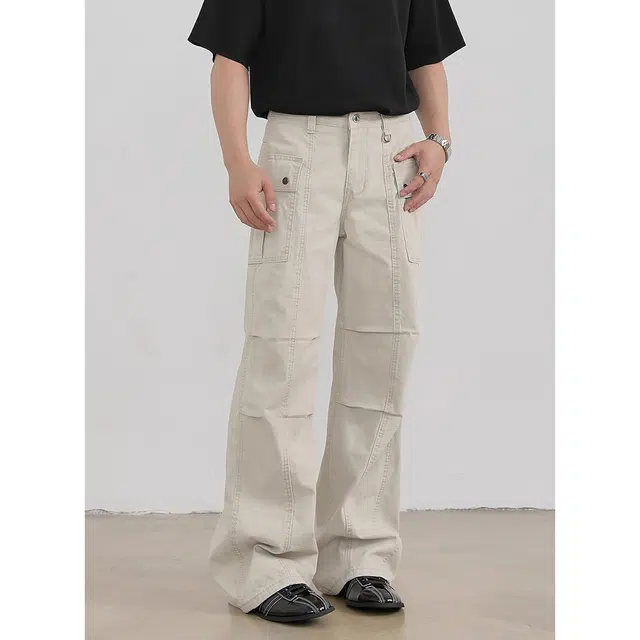 徐百货 美式潮牌水洗做旧褶皱工装高街直筒微喇休闲牛仔裤 男女同款