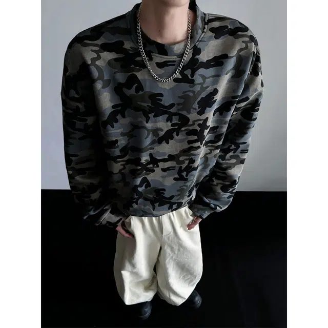 徐百货 美式复古高街潮牌迷彩圆领上衣宽松休闲百搭长袖打底衫潮流卫衣 男女同款