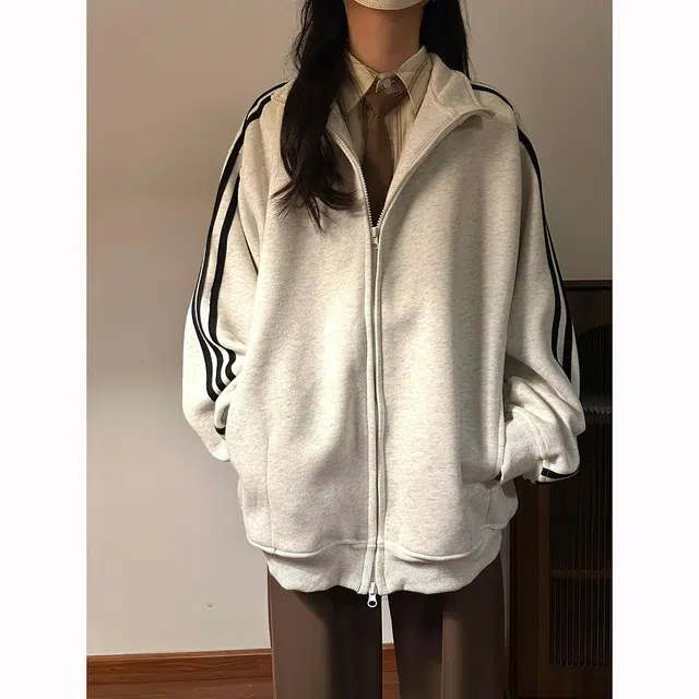徐百货  潮牌百搭休闲复古秋季拉链上衣潮流三道杠开衫卫衣时尚运动外套棒球服 男女同款
