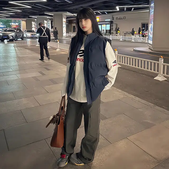 徐百货 美式高街潮牌百搭休闲纯色马甲叠穿搭配潮流无袖外穿背心立领棉坎肩外套棉服 男女同款