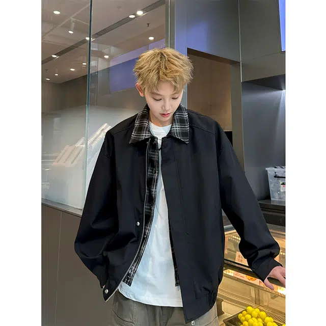 徐百货  美式潮牌经典假两件拼接格纹衬领设计感夹克春秋季宽松百搭防风保暖工装飞行员机车教练外套上衣棒球服 男女同款