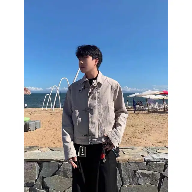 徐百货 美式高街潮牌百搭立领解构飞机扣短款春秋季潮流复古做旧高级感底上衣牛仔外套 男女同款