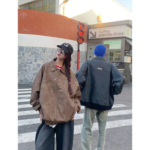徐百货 美拉德外套春秋季潮牌高级感痞帅美式复古工装百搭机车服皮衣 男女同款