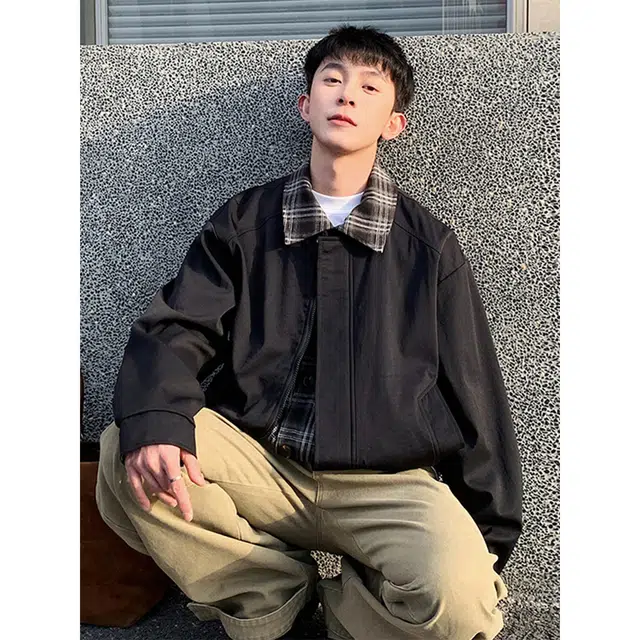 徐百货  美式潮牌假两件拼接格纹衬领设计感夹克春秋季宽松百搭防风工装飞行员机车教练外套上衣棒球服 男女同款