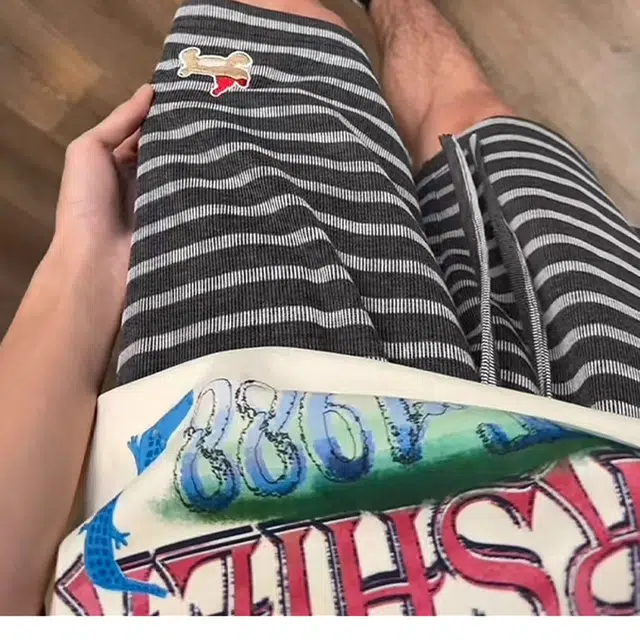 徐百货 美式黑白条纹小狗刺绣五分裤夏季薄款复古运动中裤高街宽松百搭慵懒风休闲短裤 男女同款