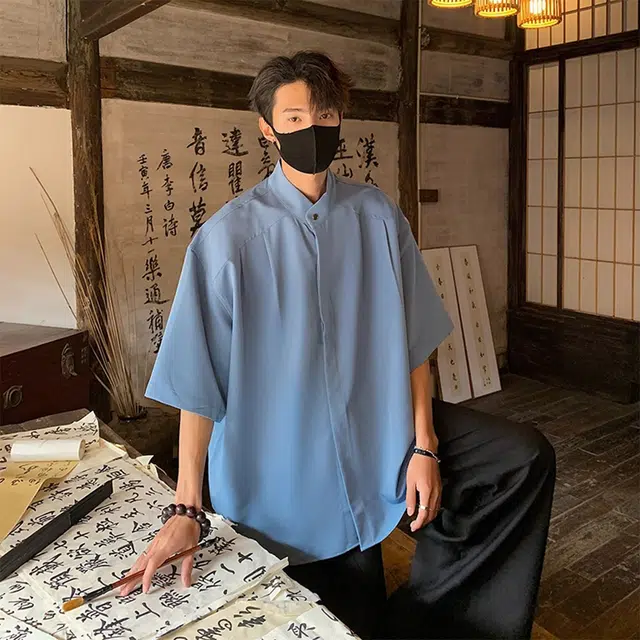 徐百货 新中式立领个性设计感痞帅青年短袖衬衫 男女同款