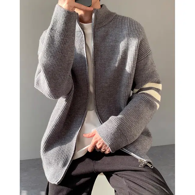 徐百货 美式复古双拉链条纹三条杠立领开衫潮牌高级感痞帅休闲外套潮流百搭宽松舒适毛衣 男女同款