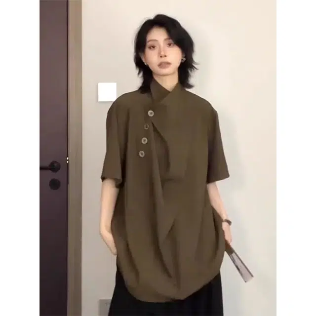 徐百货 新中式国风短袖上衣夏季不规则小众设计高级感垂感冰丝衬衣衬衫 男女同款