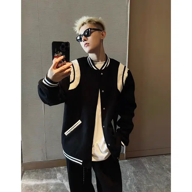 徐百货 美式复古情侣款棒球服黑白拼接外套宽松飞行服潮流百搭舒适夹克 男女同款