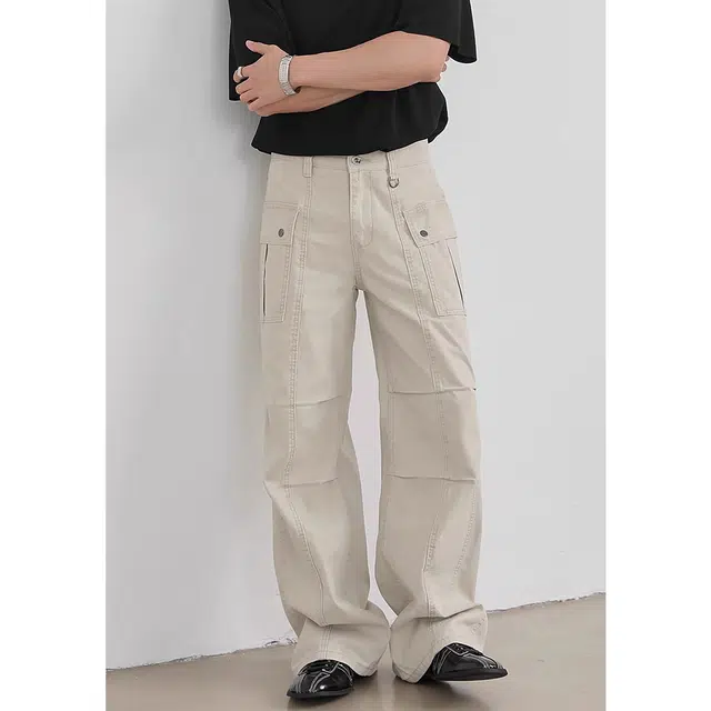 徐百货 美式潮牌水洗做旧褶皱工装高街直筒微喇休闲牛仔裤 男女同款