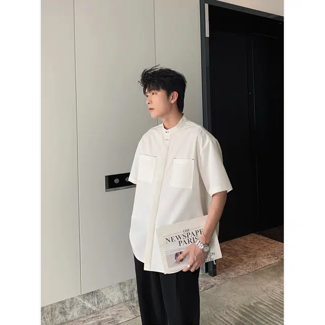 徐百货 新中式立领冰丝短袖高级感穿搭国风设计感工装五分袖上衣衬衫 男女同款