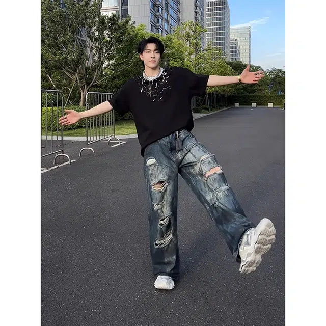 徐百货 美式破洞直筒裤薄款废土风潮牌痞帅乞丐牛仔裤 男女同款